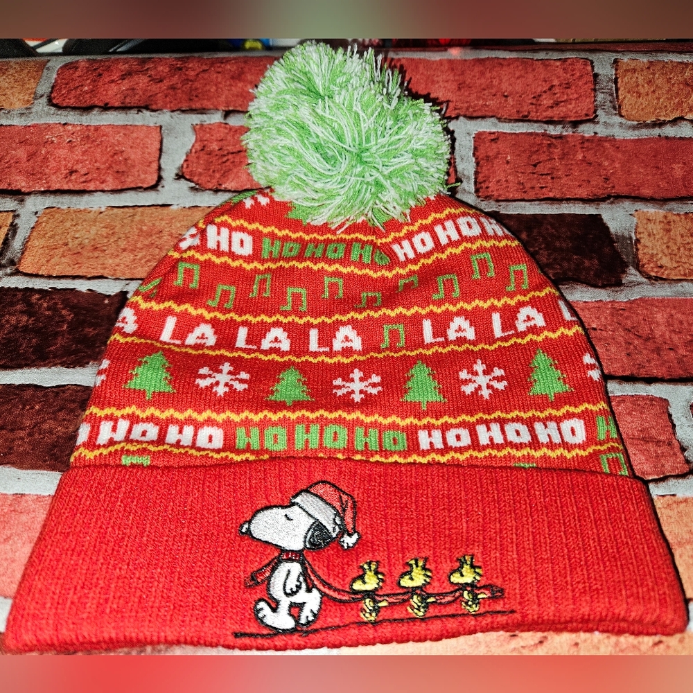 Snoopy And Woodstock Holiday Red Beanie with Green Pom Pom